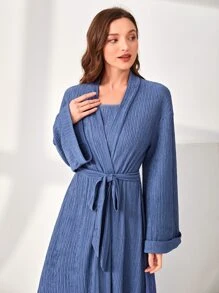 SHEIN Unity Bata tejido de canalé con cinturón sin Mono de tirantes - Neblina azul - Ver 5