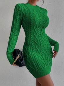 Chiquease Cable Knit Backless Sweater Dress Fall Cloth For Women - Green - View 3