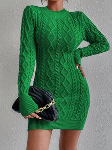 Chiquease Cable Knit Backless Sweater Dress Fall Cloth For Women - Green - View 6