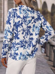 SHEIN Clasi Áo cổ bẻ in hoa, áo dài tay - Xanh và trắng - Xem 2