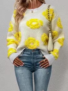 SHEIN LUNE Floral Pattern Drop Shoulder Sweater Knit Pullover Fall Winter Outfit - Beige - View 1