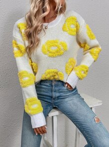 SHEIN LUNE Floral Pattern Drop Shoulder Sweater Knit Pullover Fall Winter Outfit - Beige - View 5