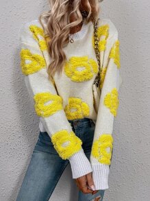 SHEIN LUNE Floral Pattern Drop Shoulder Sweater Knit Pullover Fall Winter Outfit - Beige - View 6