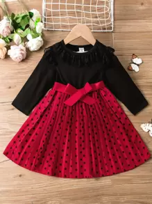 嬰兒蕾絲拼接波卡圓點網紗邊繫腰帶洋裝 - 彩色 - 查看 1