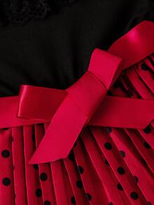 嬰兒蕾絲拼接波卡圓點網紗邊繫腰帶洋裝 - 彩色 - 查看 4