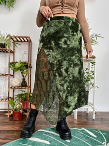 ROMWE PUNK 大碼紮染蕾絲拼接不對稱下擺半身裙 - 彩色 - 查看 3