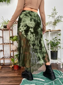 ROMWE PUNK 大碼紮染蕾絲拼接不對稱下擺半身裙 - 彩色 - 查看 2