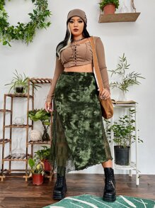 ROMWE PUNK 大碼紮染蕾絲拼接不對稱下擺半身裙 - 彩色 - 查看 4