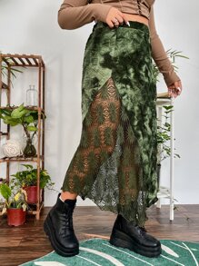 ROMWE PUNK 大碼紮染蕾絲拼接不對稱下擺半身裙 - 彩色 - 查看 5