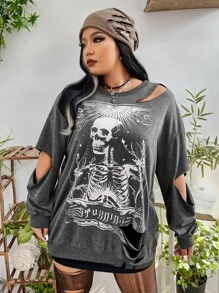 ROMWE PUNK Plus Skeleton & Letter Graphic Drop Shoulder Cut Out Sweatshirt - Grey - View 1