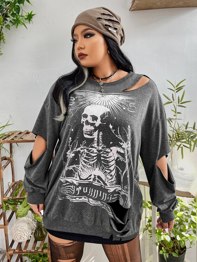 ROMWE PUNK Sudadera esqueleto & con estampado de letra de hombros caídos con abertura - Gris - Añade 1