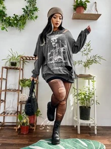 ROMWE PUNK Plus Skeleton & Letter Graphic Drop Shoulder Cut Out Sweatshirt - Grey - View 3