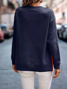 SHEIN Unity Colorblock Zipper Side Drop Shoulder Sweatshirt - Navy Blue - View 2