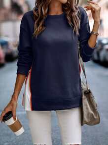 SHEIN Unity Colorblock Zipper Side Drop Shoulder Sweatshirt - Navy Blue - View 3