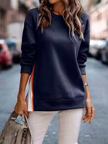 SHEIN Unity Colorblock Zipper Side Drop Shoulder Sweatshirt - Navy Blue - View 5