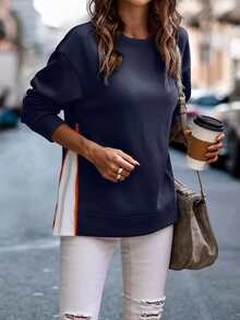 SHEIN Unity Colorblock Zipper Side Drop Shoulder Sweatshirt - Navy Blue - View 6