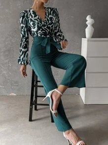 SHEIN Clasi 圖案燈籠袖腰帶喇叭連身褲 - 彩色 - 查看 3