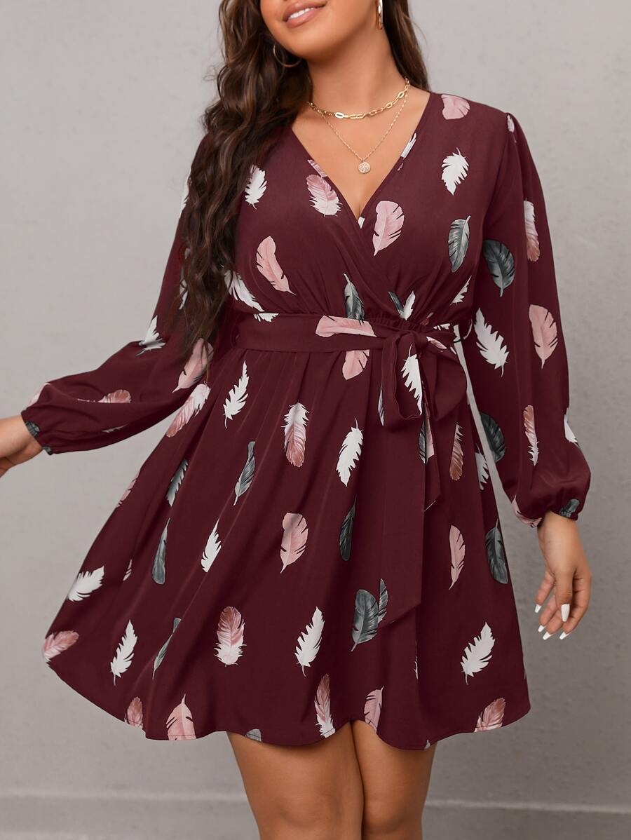 SHEIN Clasi Plus Feather Print Lantern Sleeve Belted Dress - Burgundy - View 1