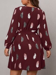 SHEIN Clasi Plus Feather Print Lantern Sleeve Belted Dress - Burgundy - View 2