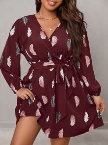 SHEIN Clasi Plus Feather Print Lantern Sleeve Belted Dress - Burgundy - View 3