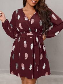 SHEIN Clasi Plus Feather Print Lantern Sleeve Belted Dress - Burgundy - View 4