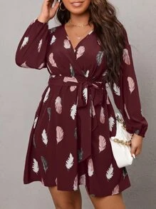 SHEIN Clasi Plus Feather Print Lantern Sleeve Belted Dress - Burgundy - View 5