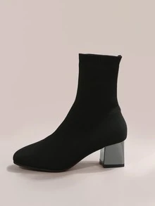 Chunky Heeled Slip On Sock Boots - Black - View 3