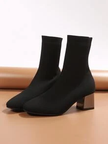 Chunky Heeled Slip On Sock Boots - Black - View 4