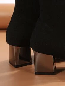 Chunky Heeled Slip On Sock Boots - Black - View 6