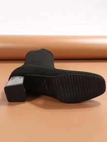 Chunky Heeled Slip On Sock Boots - Black - View 8