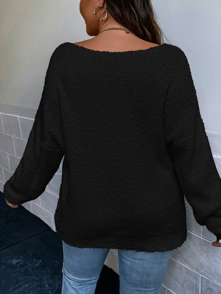 SHEIN Essnce Plus Deep V Neck Drop Shoulder Sweater In Fall/Winter - Black - View 2