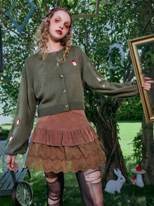 ROMWE Fairycore Mushroom Embroidery Cardigan - Army Green - View 2