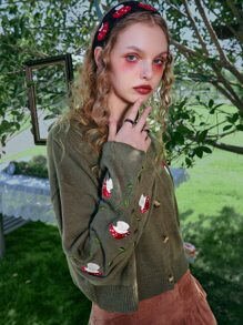 ROMWE Fairycore Mushroom Embroidery Cardigan - Army Green - View 3