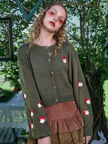 ROMWE Fairycore Mushroom Embroidery Cardigan - Army Green - View 4