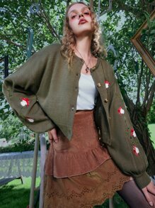 ROMWE Fairycore Mushroom Embroidery Cardigan - Army Green - View 5