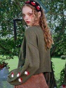 ROMWE Fairycore Mushroom Embroidery Cardigan - Army Green - View 6