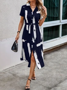 SHEIN Clasi 刷印花系腰带衬衫裙长款女装