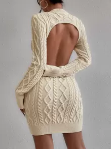 Chiquease Cable Knit Backless Sweater Dress Fall Winter Cloth For Women - Apricot - View 1