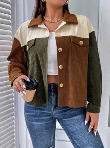 Flirla Plus Colour Block Drop Shoulder Corduroy Jacket - Multicolor - View 1