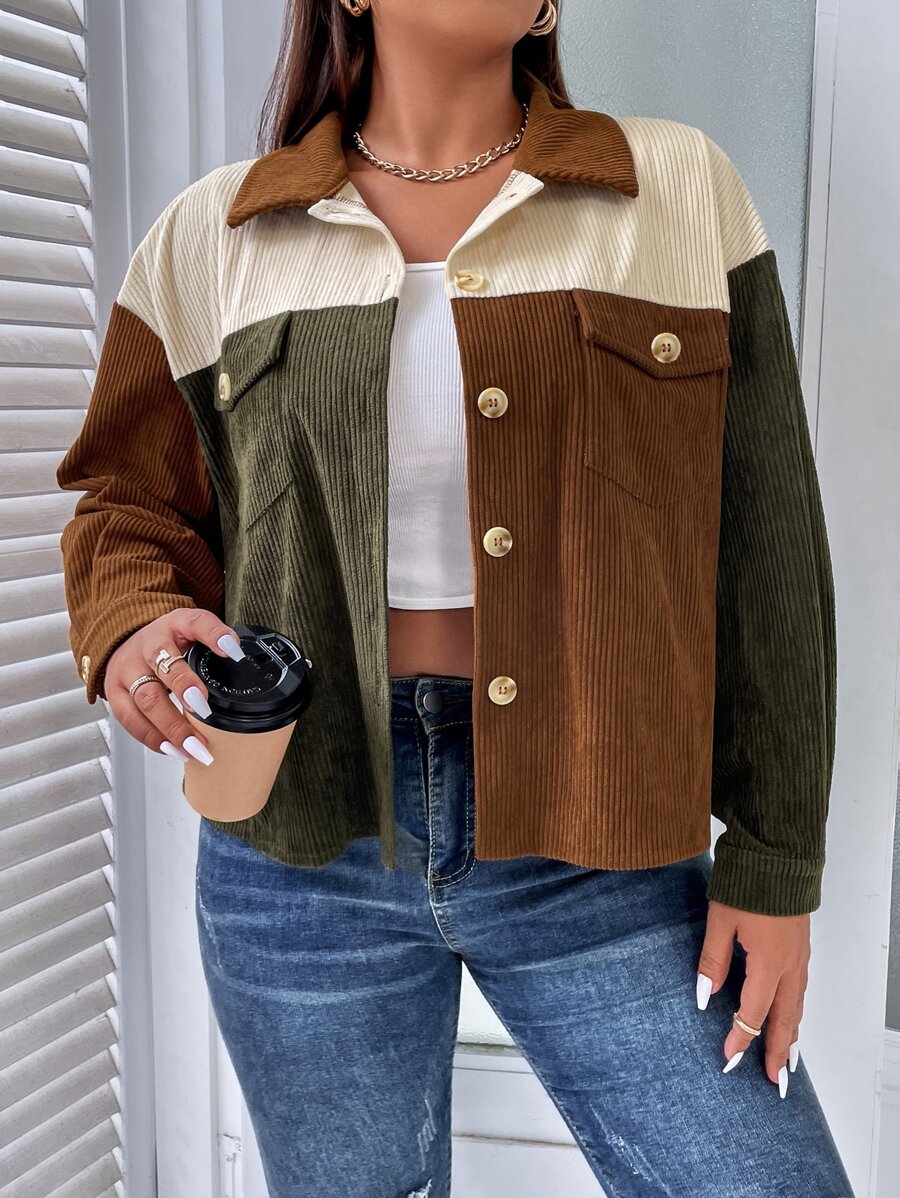 Flirla Plus Colour Block Drop Shoulder Corduroy Jacket - Multicolor - View 1