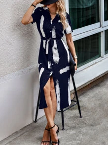 SHEIN Clasi 刷印花系腰带衬衫裙长款女装