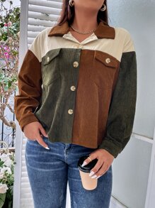 Flirla Plus Colour Block Drop Shoulder Corduroy Jacket - Multicolor - View 3