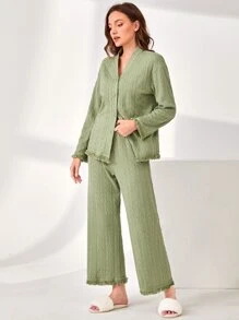 SHEIN Unity 前紐扣流蘇邊休閒服套裝 - 薄荷綠 - 查看 1