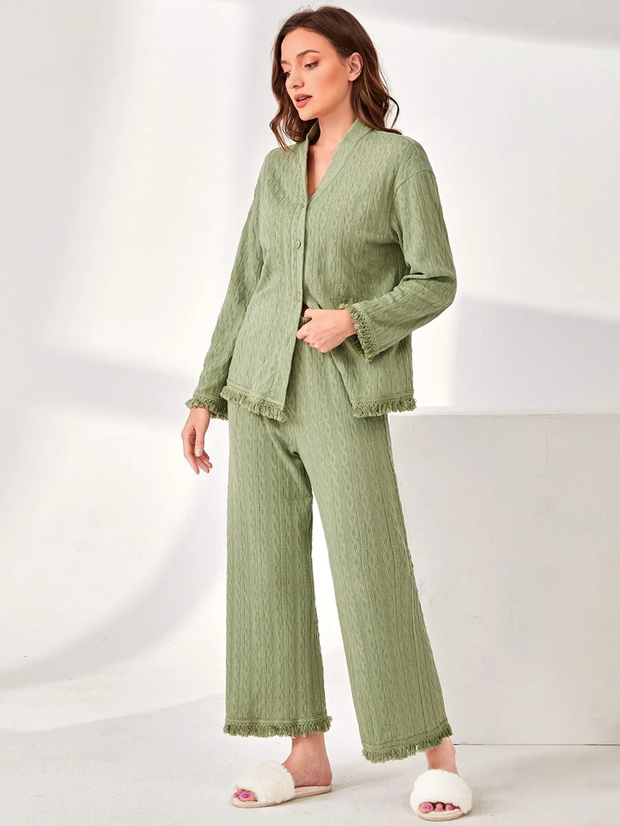 SHEIN Unity 前紐扣流蘇邊休閒服套裝 - 薄荷綠 - 查看 1