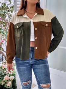 Flirla Plus Colour Block Drop Shoulder Corduroy Jacket - Multicolor - View 4