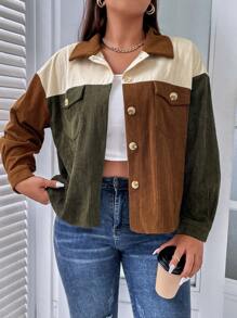 Flirla Plus Colour Block Drop Shoulder Corduroy Jacket - Multicolor - View 5