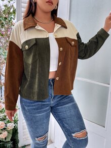 Flirla Plus Colour Block Drop Shoulder Corduroy Jacket - Multicolor - View 6