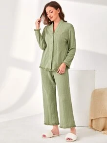 SHEIN Unity 前紐扣流蘇邊休閒服套裝 - 薄荷綠 - 查看 3