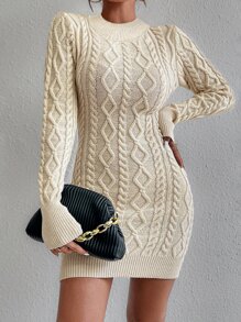 Chiquease Cable Knit Backless Sweater Dress Fall Winter Cloth For Women - Apricot - View 5