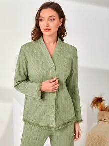 SHEIN Unity 前紐扣流蘇邊休閒服套裝 - 薄荷綠 - 查看 4